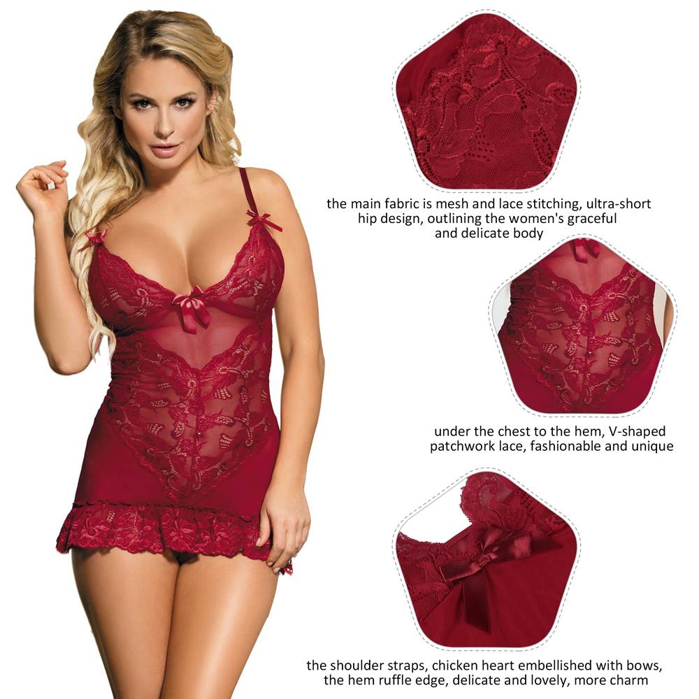 Sexy Red Slim Deep V Neck Lace Sleepwear With Thong