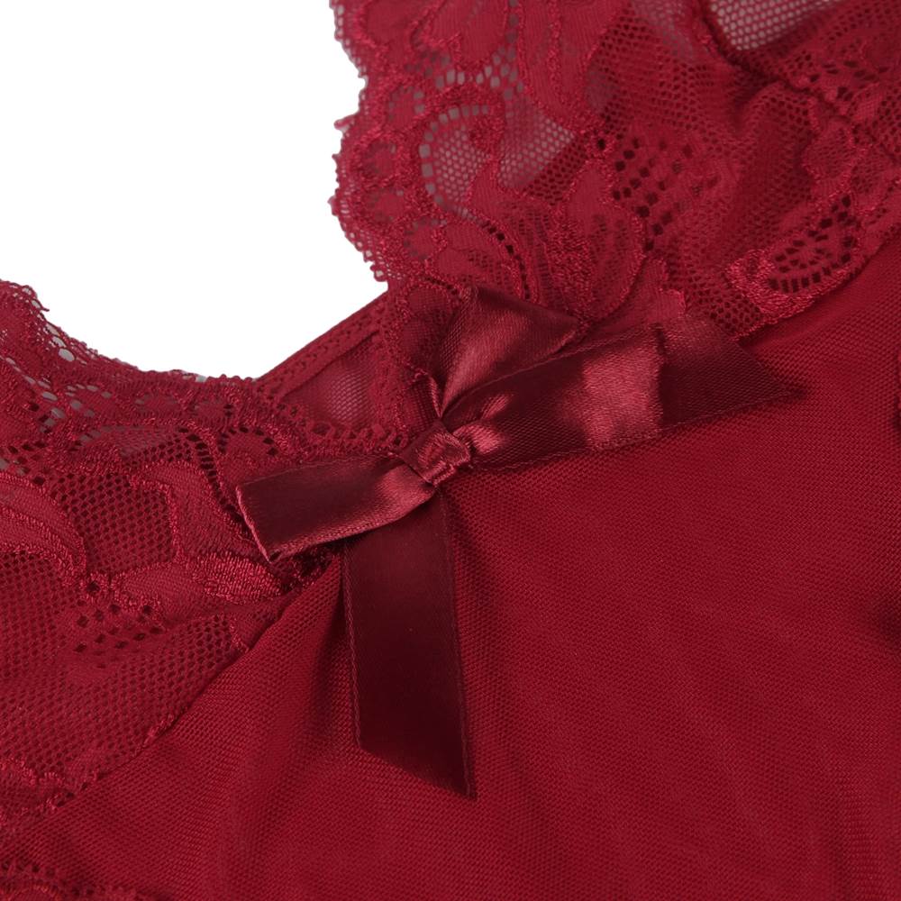 Sexy Red Slim Deep V Neck Lace Sleepwear With Thong
