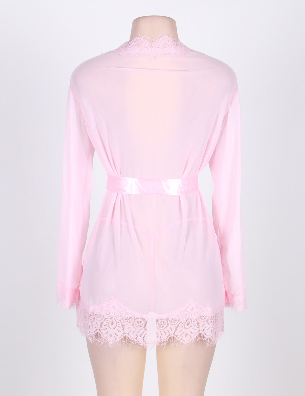Sexy Pink Sheer Lace Trim Robe With G-String