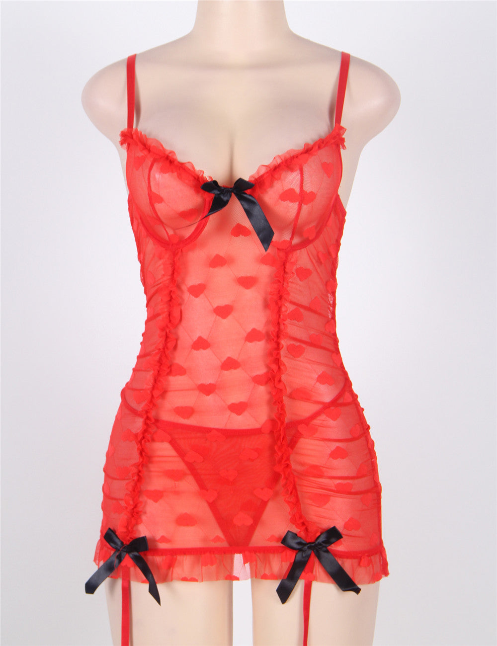 Red Halter Heart Jacquard Mesh Garter Lingerie