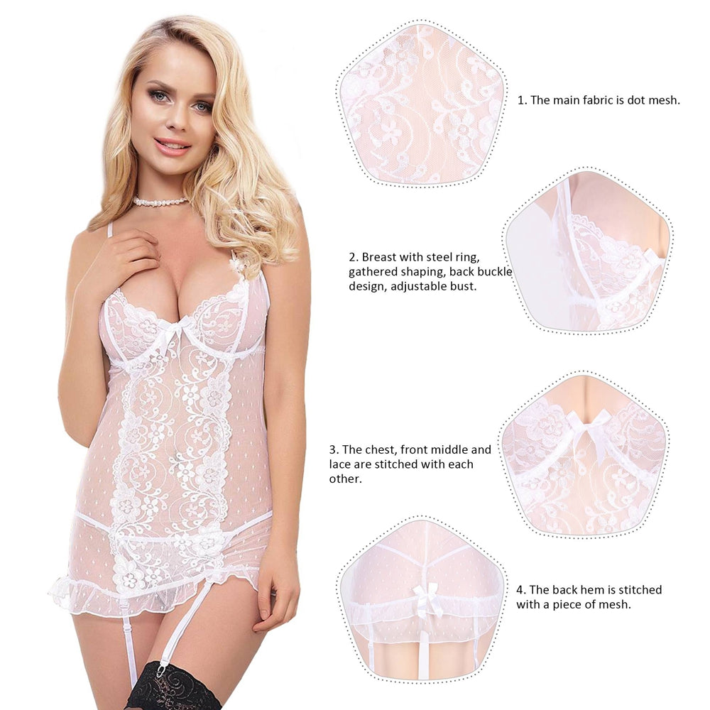 Stretch Lace and Dot Mesh White Garter Slip Set With Underwire