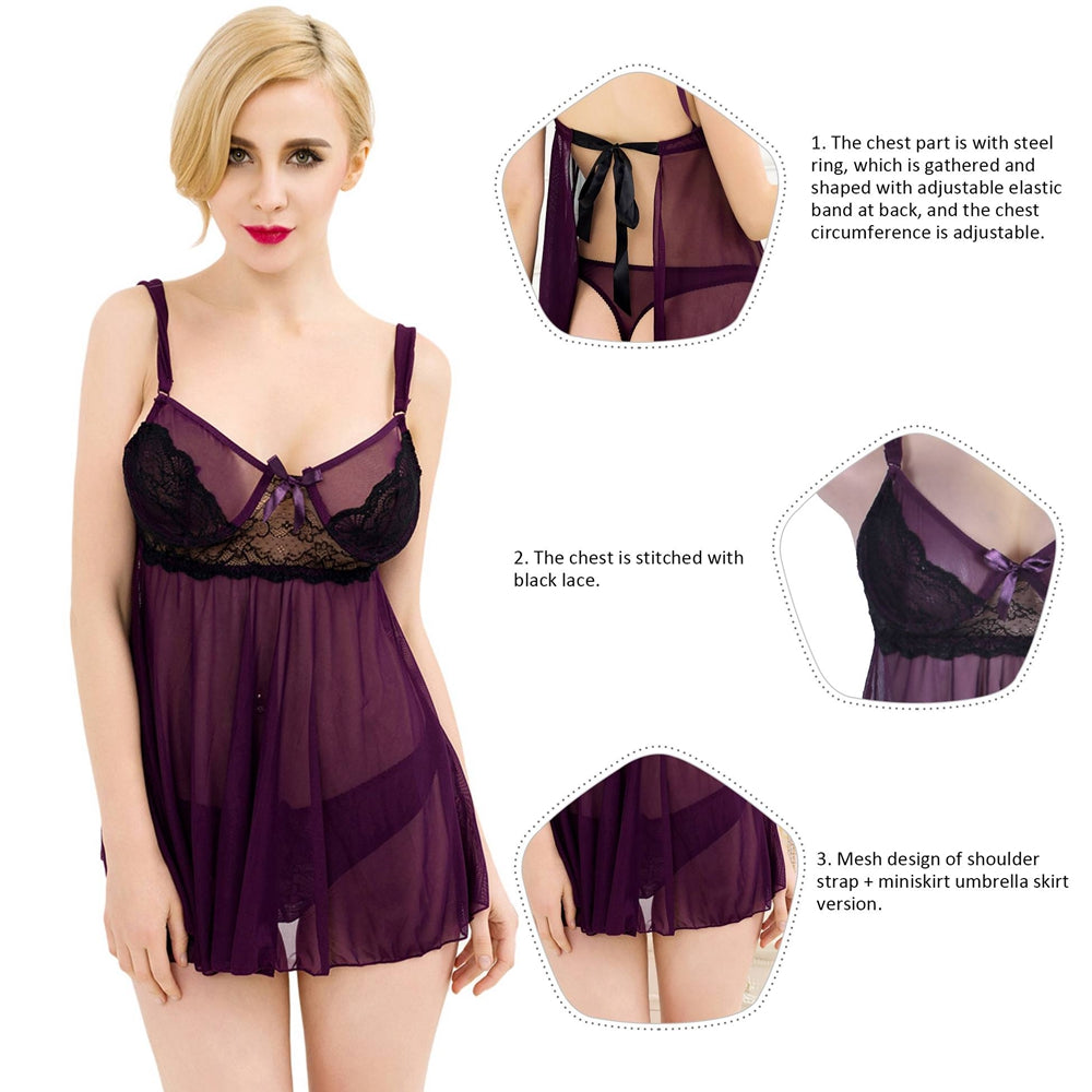 Appealing Flower Pattern Lace Transparent Violet Mini Dress