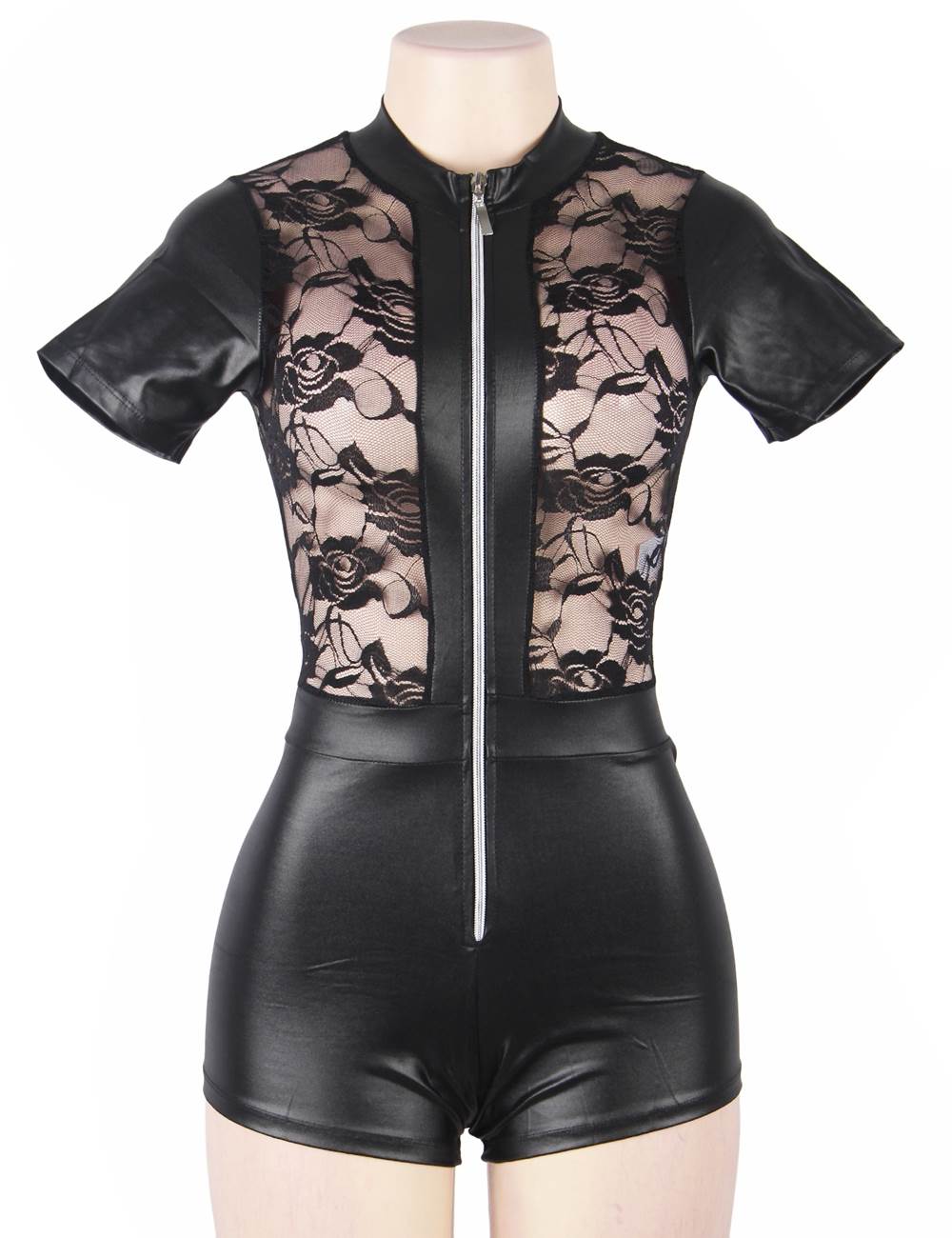 Plus Size Short Sleeve Wet Look And Lace Bodysuit