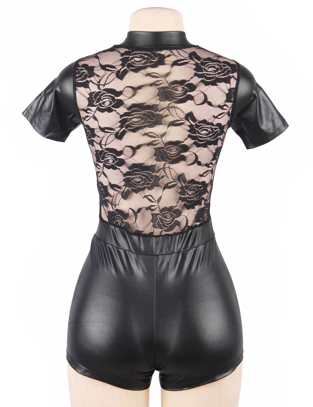 Plus Size Short Sleeve Wet Look And Lace Bodysuit
