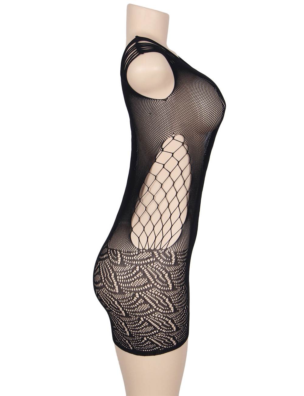 Black Crotchet Mesh Hollow-out Mini Chemise Bodystocking