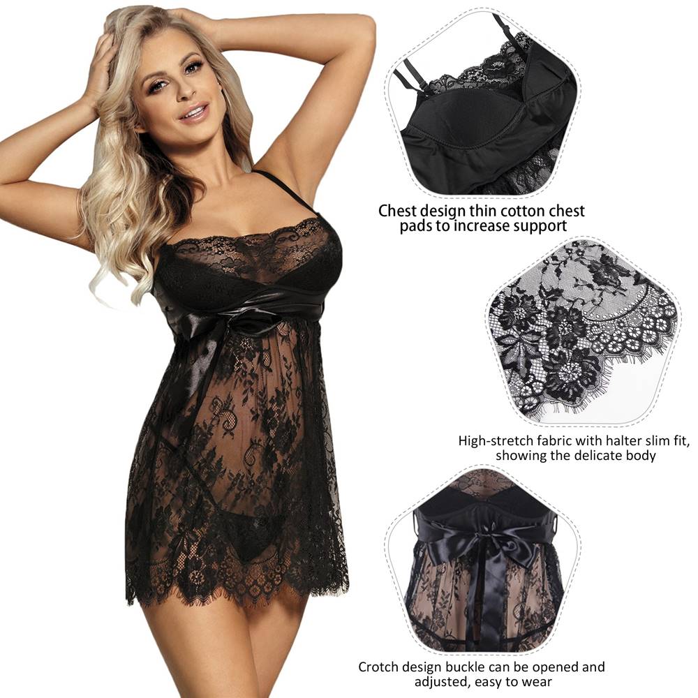 Sexy Black Eyelash Lace Chest Pad Plus Size Sleepwear With Thong