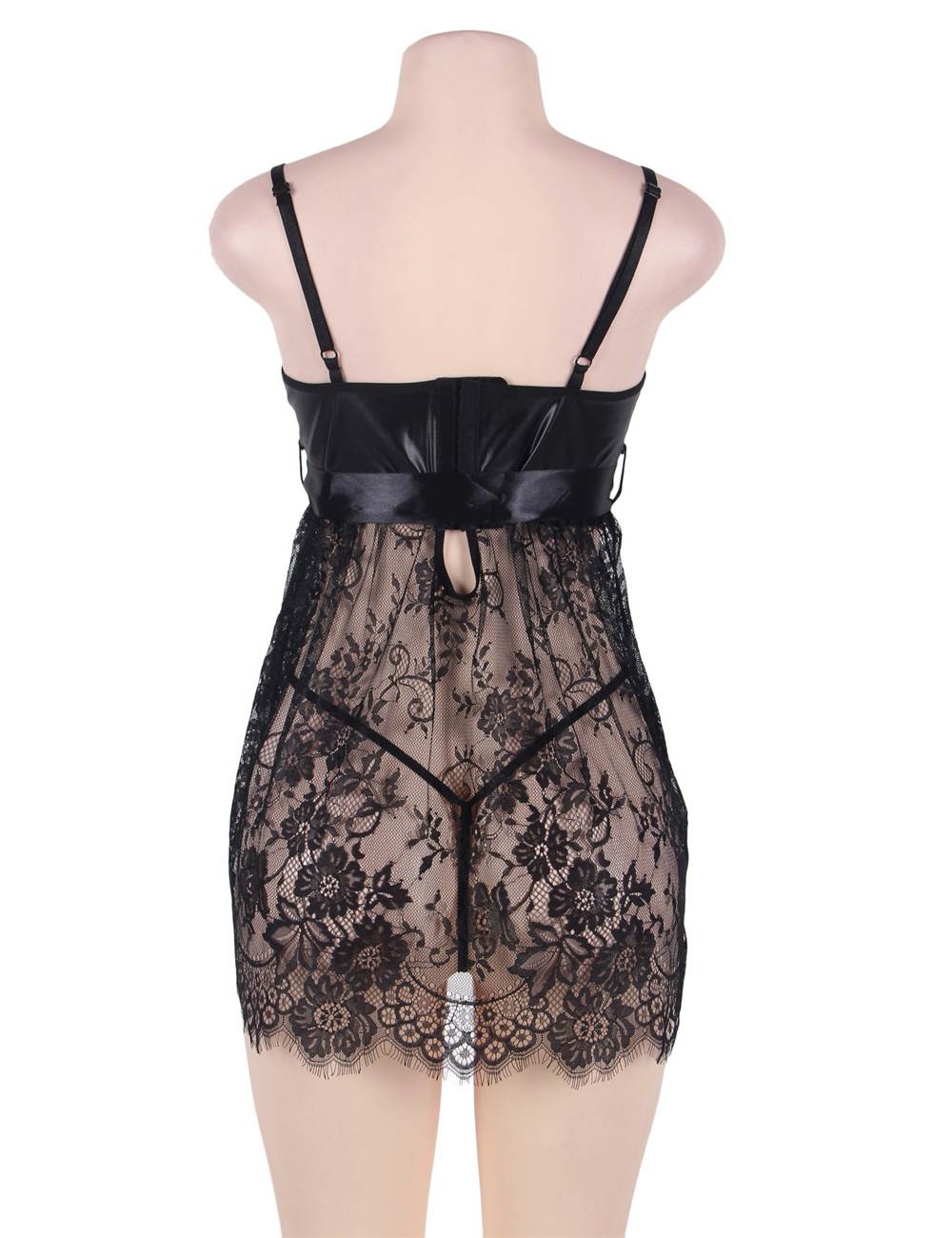 Sexy Black Eyelash Lace Chest Pad Plus Size Sleepwear With Thong