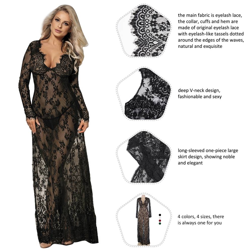 Sexy See-through V Neck Long Black Nightdress With Thong