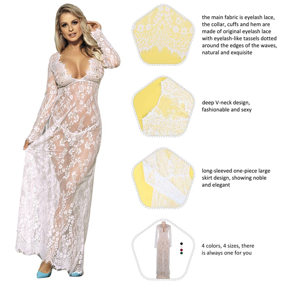White Long Nightdress With Thong Sexy See-through V Neck Sleepwear
