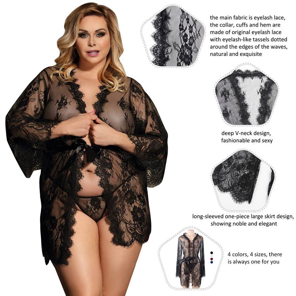 Sexy Long Sleeve Eyelash Black Lace Short Sleepwear With Thong