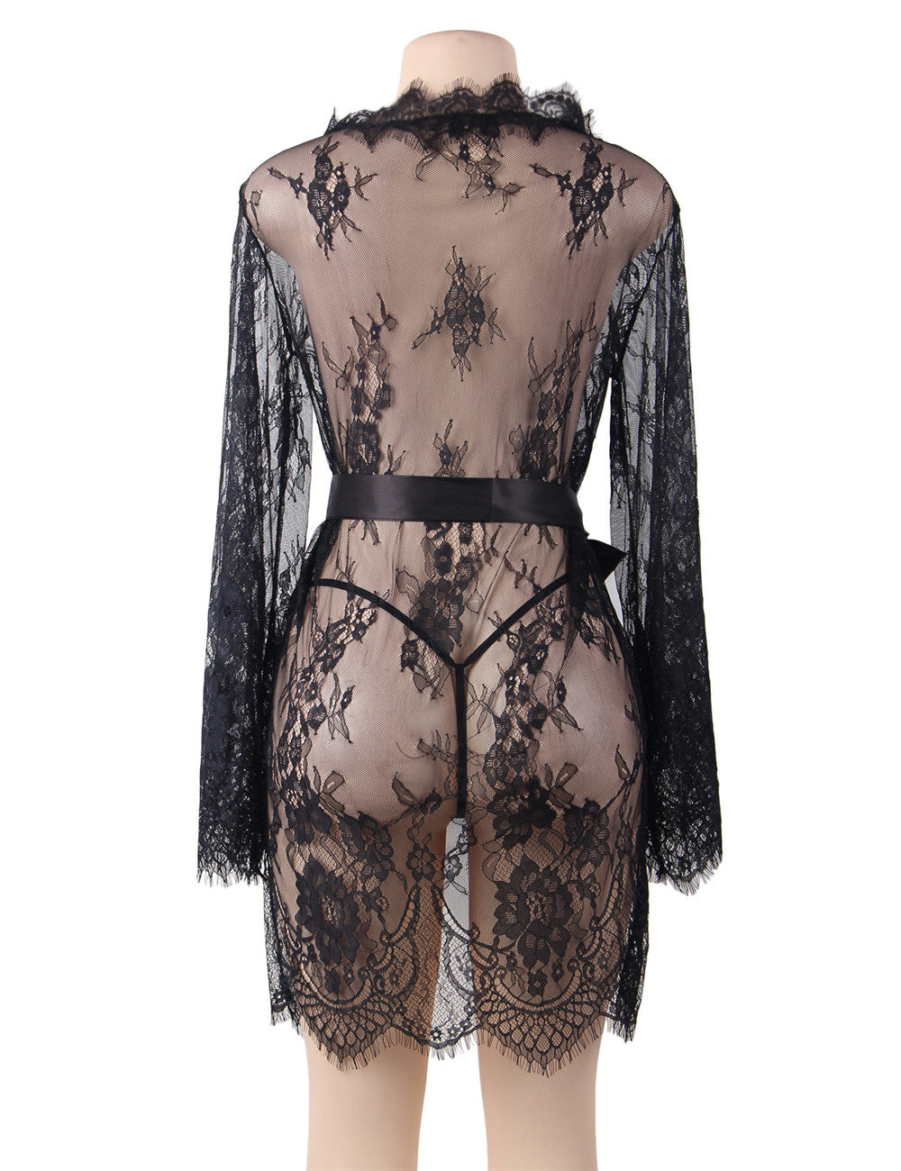 Sexy Long Sleeve Eyelash Black Lace Short Sleepwear With Thong