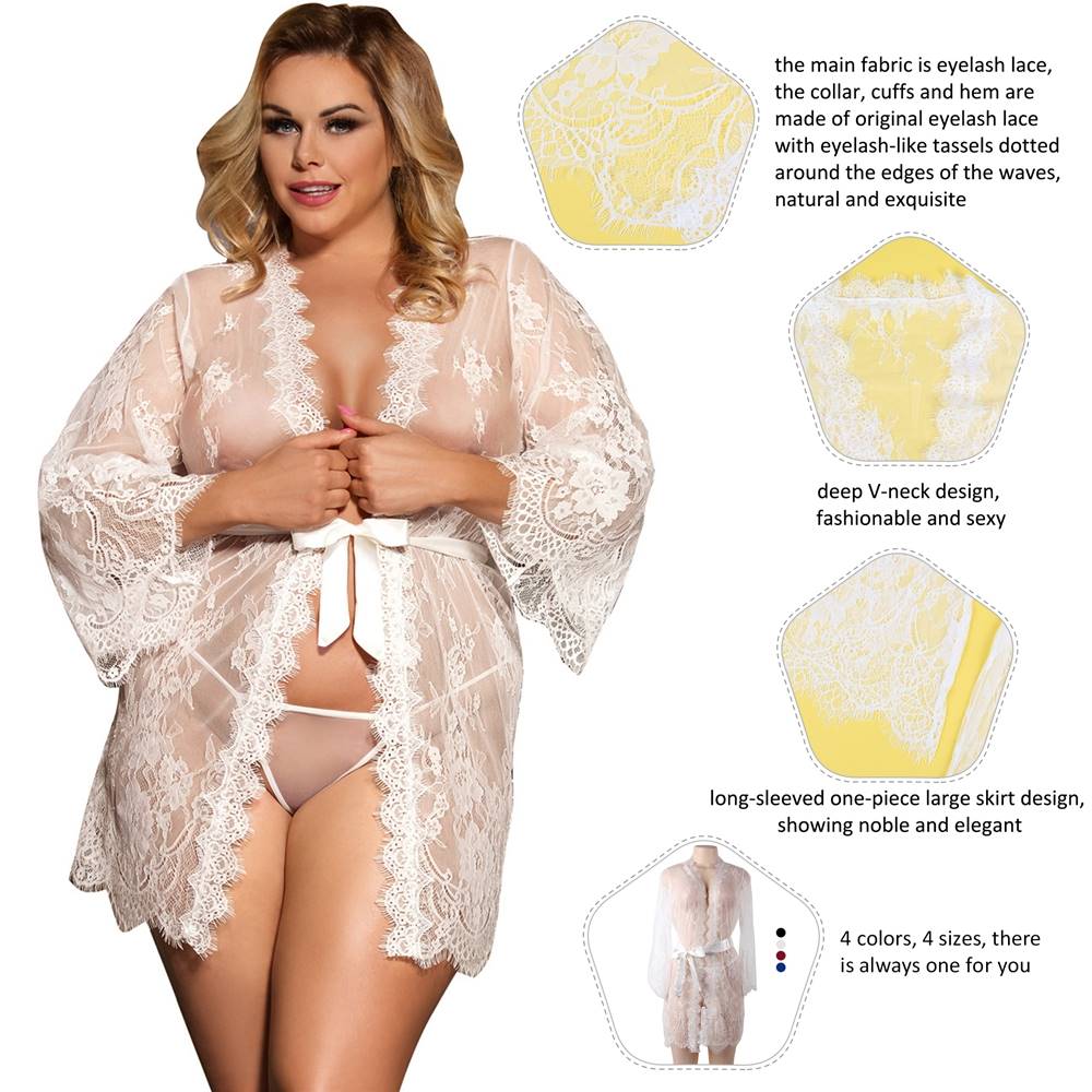Sexy Long Sleeve White Eyelash Lace Short Sleepwear With Thong