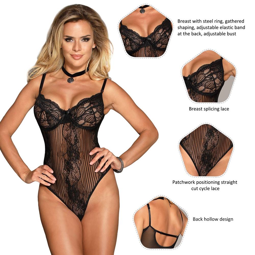 Plus Size Black Glamour Underwire Hollywood Sheer Lace Teddy With Steel Ring