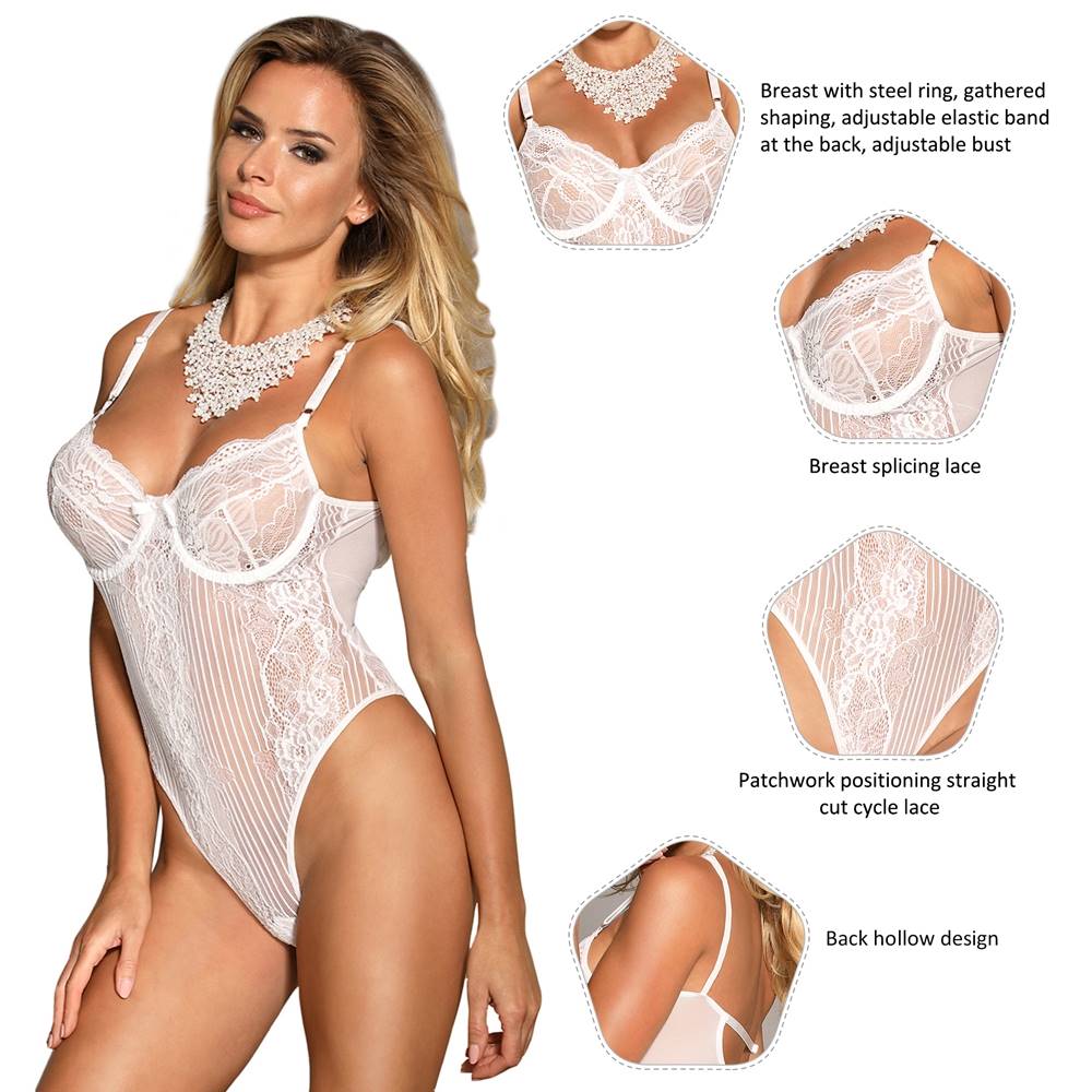 Plus Size White Glamour Underwire Hollywood Sheer Lace Teddy With Steel Ring