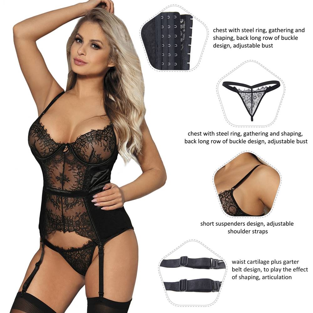 Elegant Eyelash Black Lace Garter Lingerie With Underwire