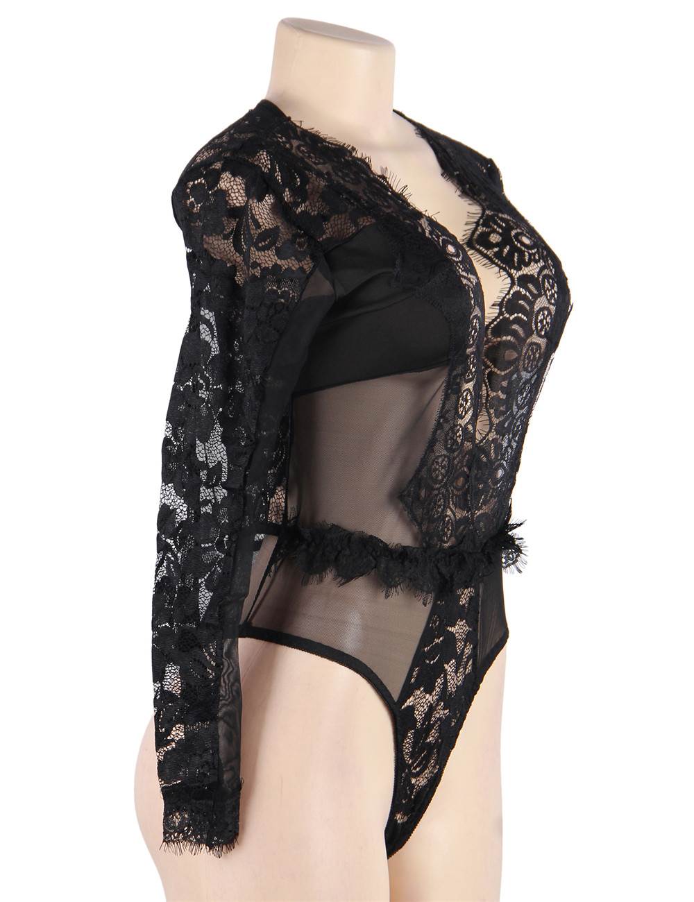 Plus Size Black Eyelashes Lace Open Chest Long Sleeved Teddy