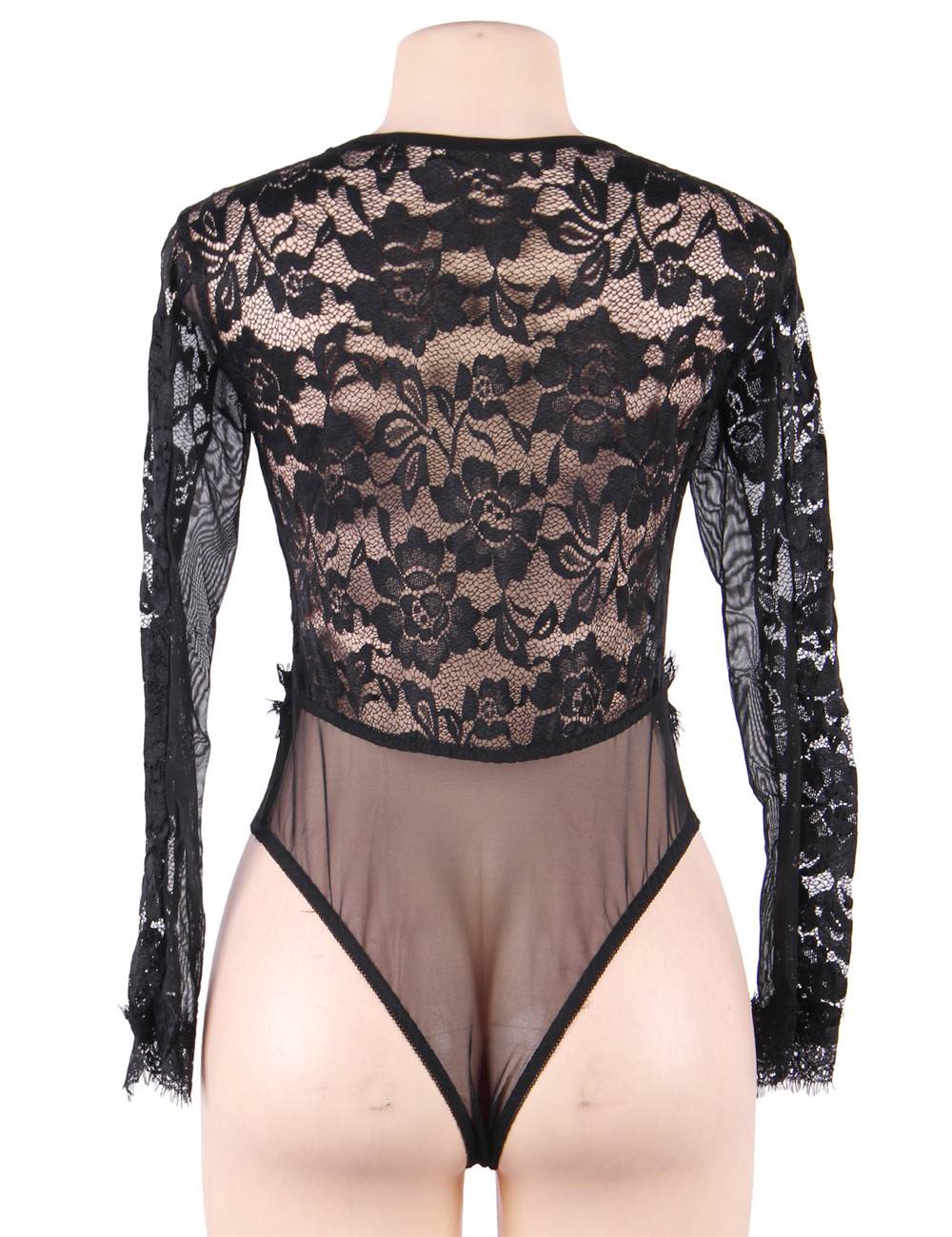 Plus Size Black Eyelashes Lace Open Chest Long Sleeved Teddy