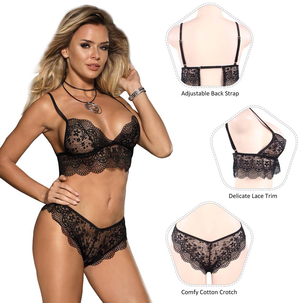 Black Lace Temptation 2pcs Bralette Lingerie Set