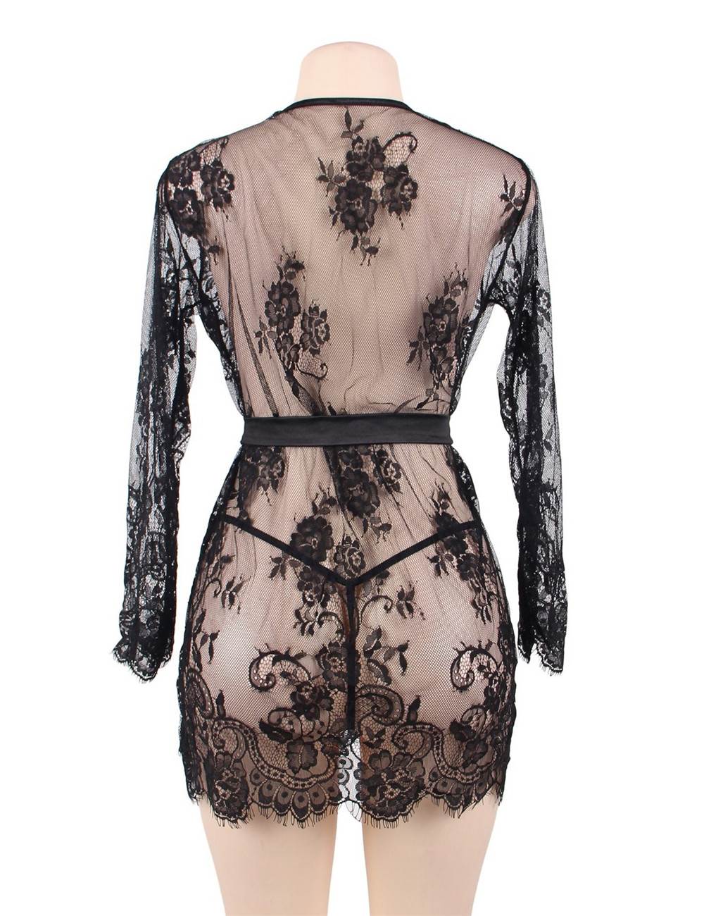 Black Eyelash Lace Sleepwear Gown With Thong