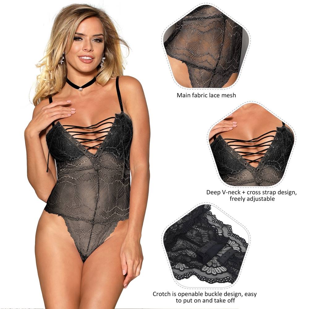 Plus Size Sexy Chest Ribbon Adjusting Lace Teddy