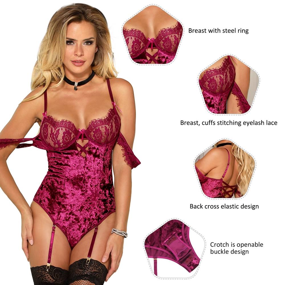 Sheer Lace Off Shoulder Lace Sleeves Velvet Teddy
