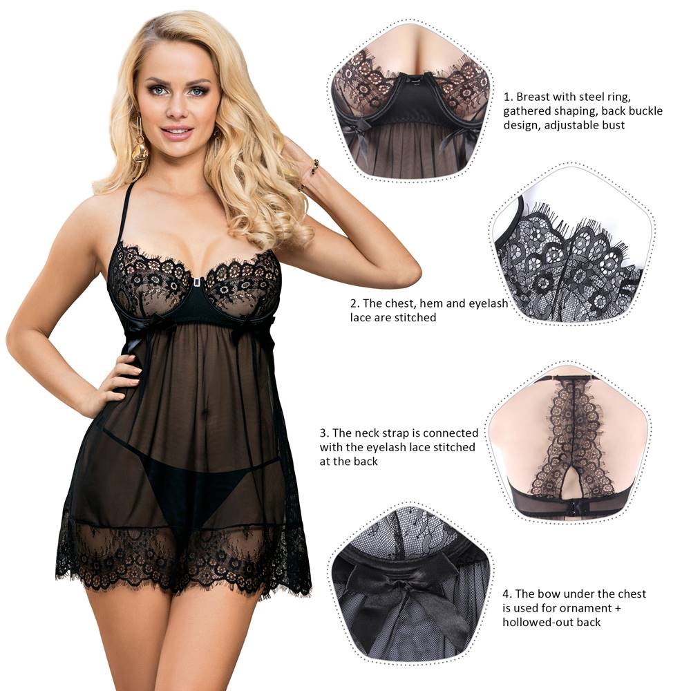 Plus Size Sexy Black Sheer Floral Eyelash Trim Lace Babydoll Set With Underwire