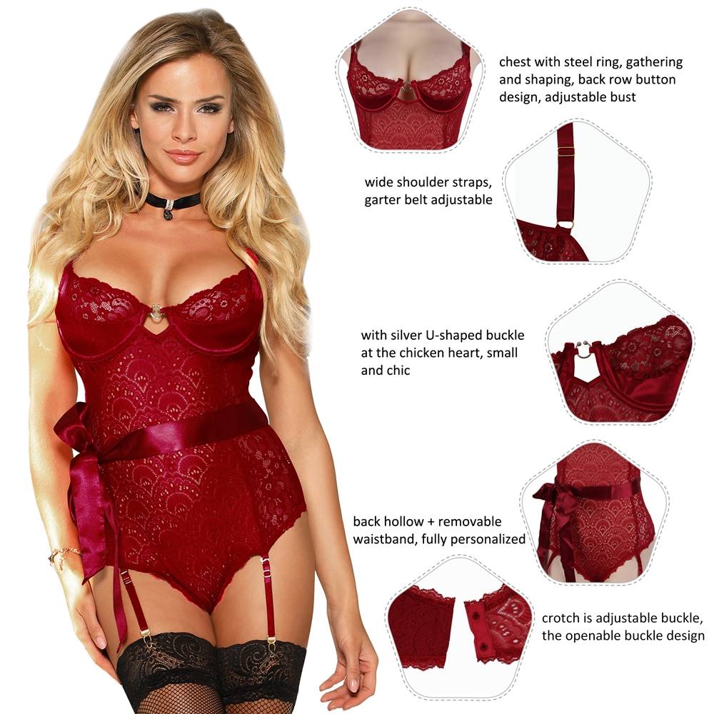 Garter Red Bodysuit Elegant Lace Lingerie with Silk Belt