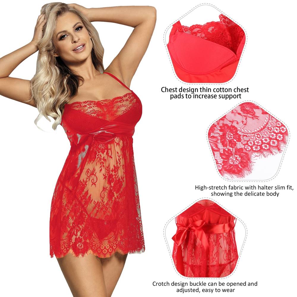 Sleepwear With Thong Sexy Red Eyelash Lace Chest Pad Nightdress