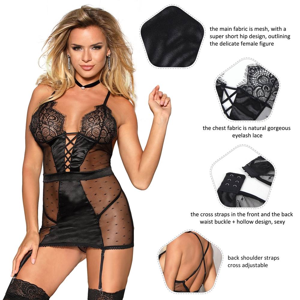 Sexy Slim See-through Mesh Black Plus Size Garter Lingerie With G String