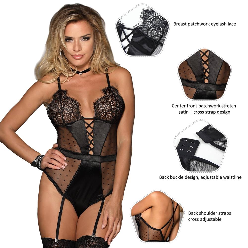 Plus Size Black Satin Lace Stitching Teddy With Garter