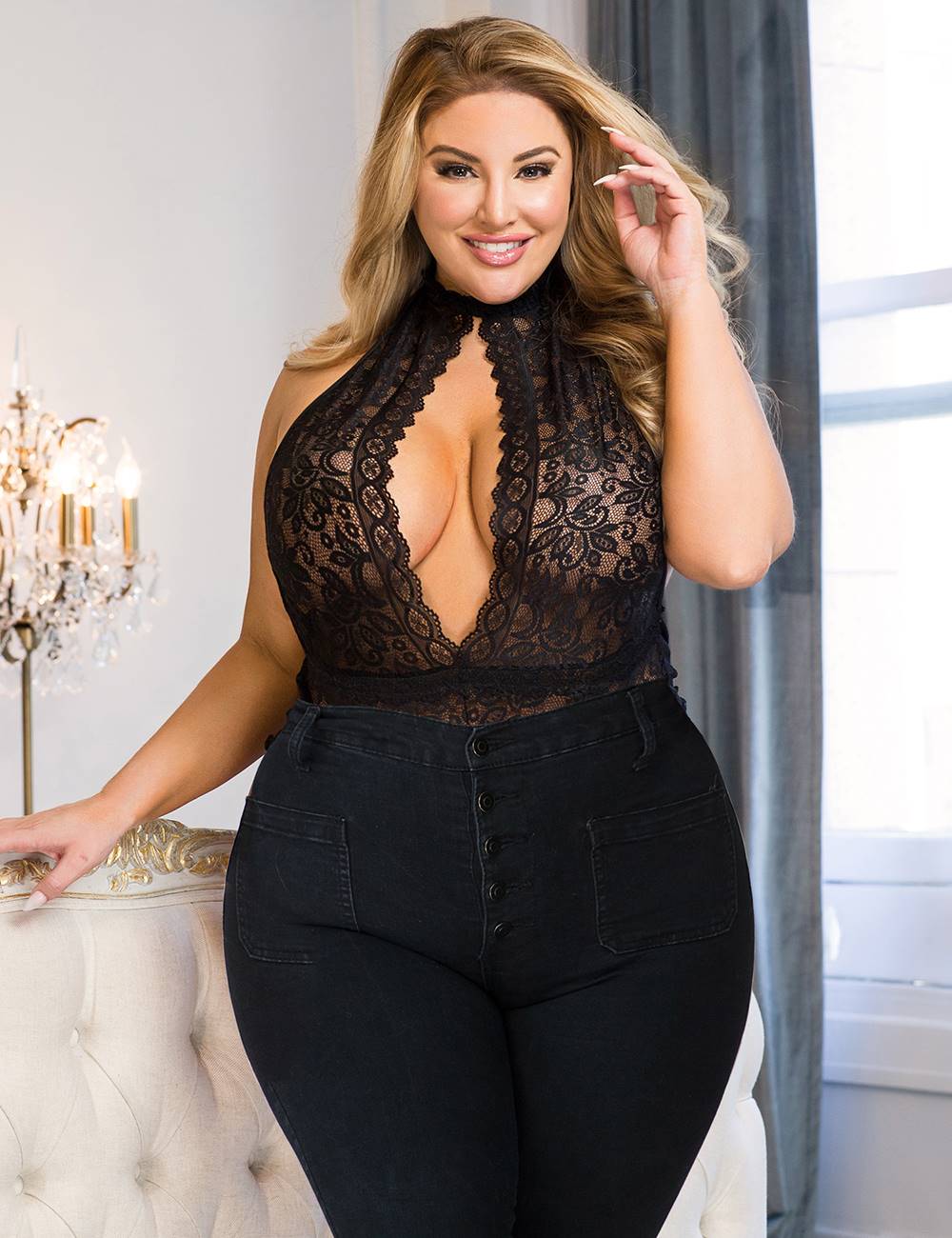 Plus Size Black Exquisite Lace Open Cup Teddy