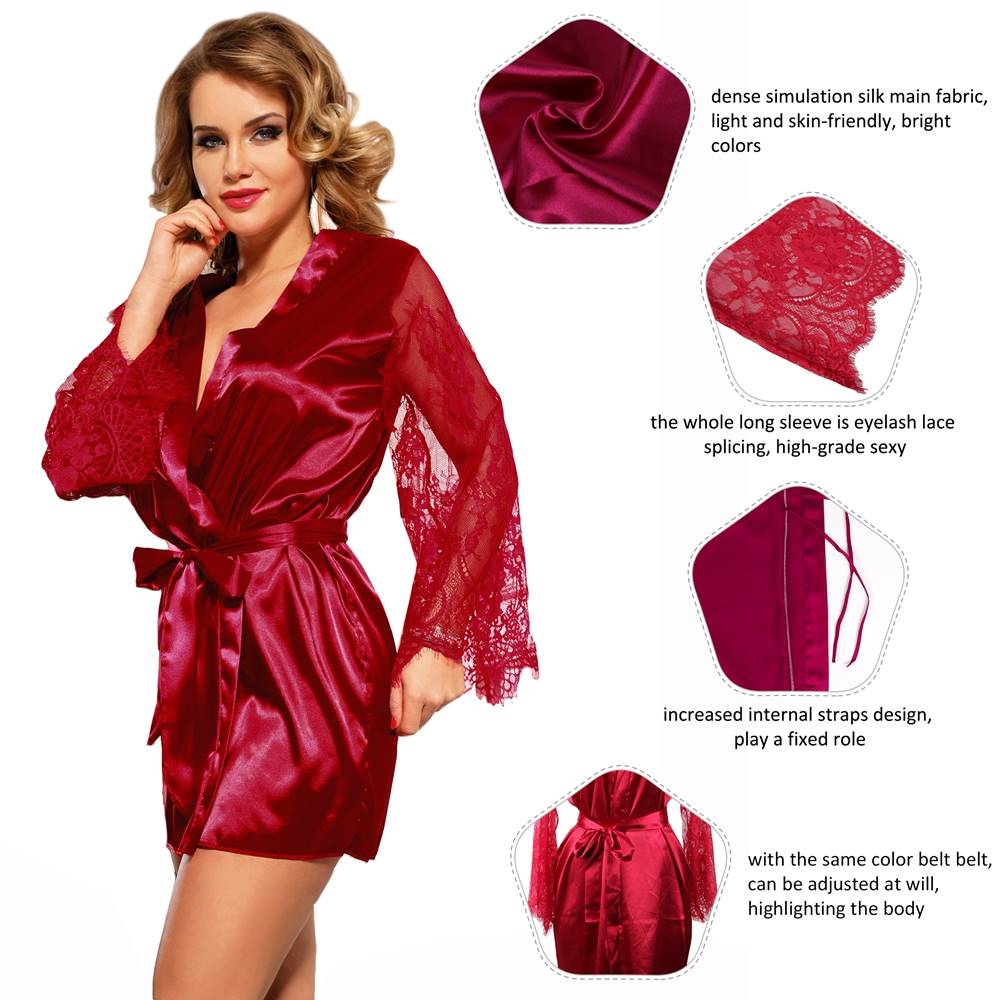 Eyelash Lace Sleepwear Silk Long Sleeves Nightdress with G String