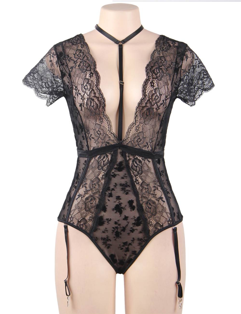 Plus Size Black Exquisite Lace Choker Neck Teddy