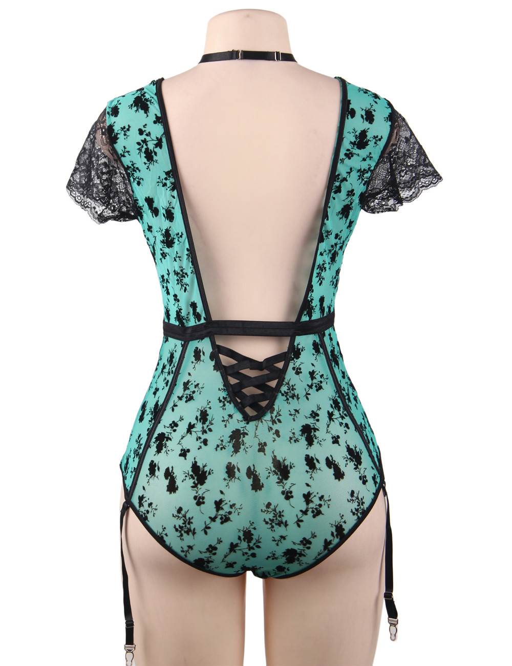 Plus Size Green Exquisite Lace Choker Neck Teddy
