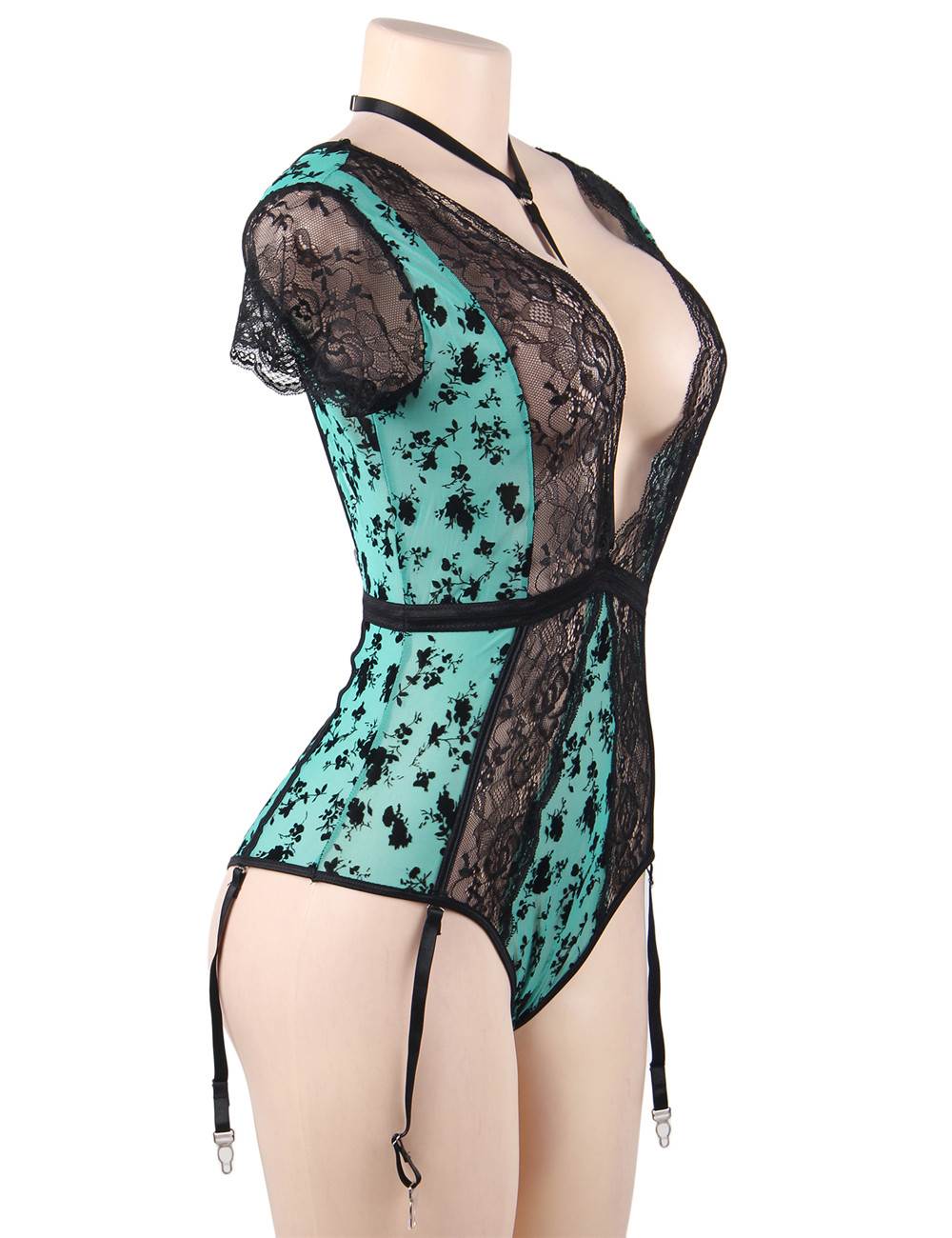 Plus Size Green Exquisite Lace Choker Neck Teddy