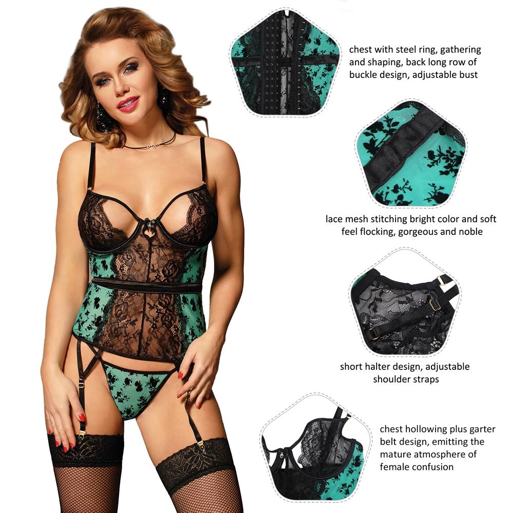 Exquisite Green Flocking Lace Garter Lingerie Plus Size With Underwire