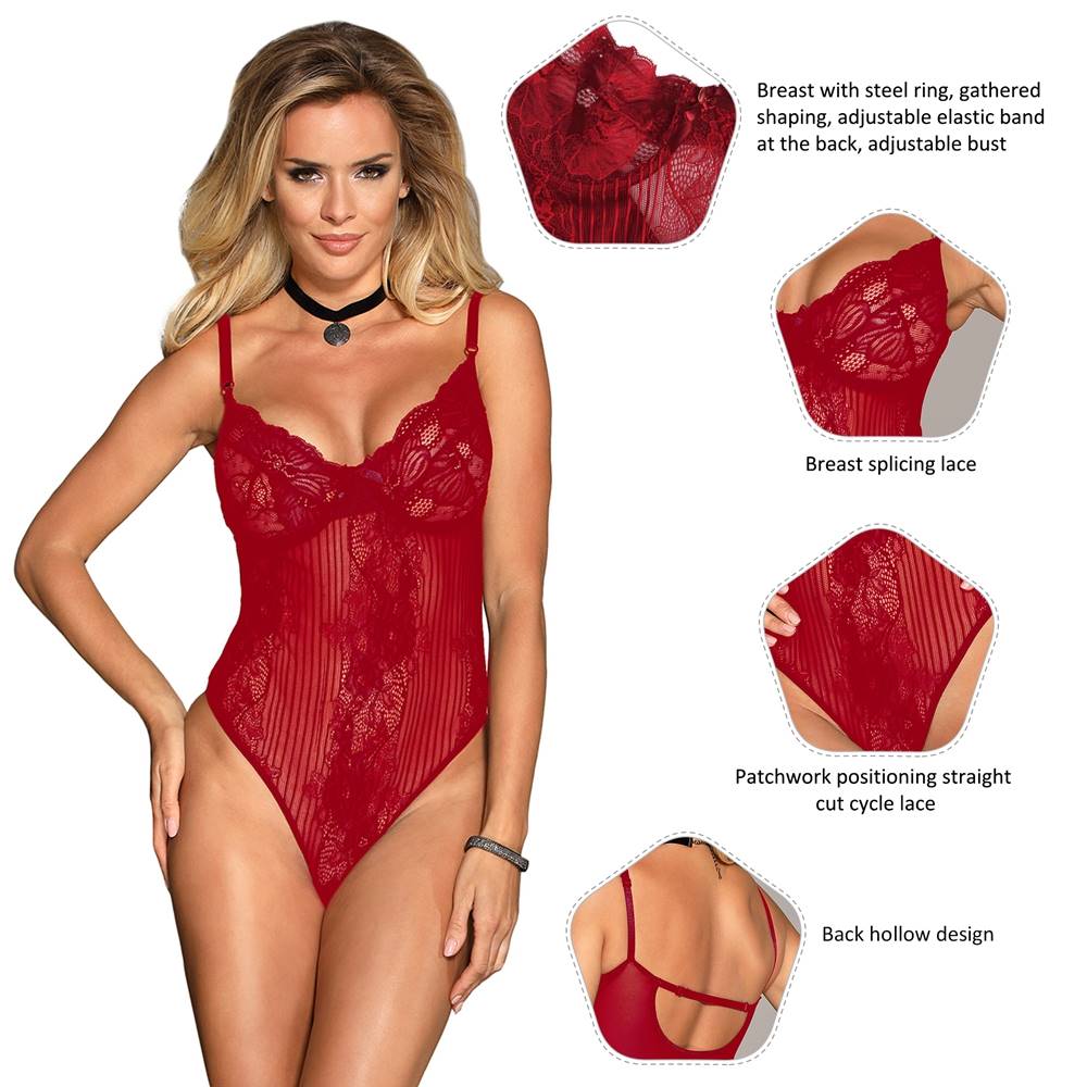 Wine Red Glamour Underwire Hollywood Sheer Lace Teddy With Steel Ring