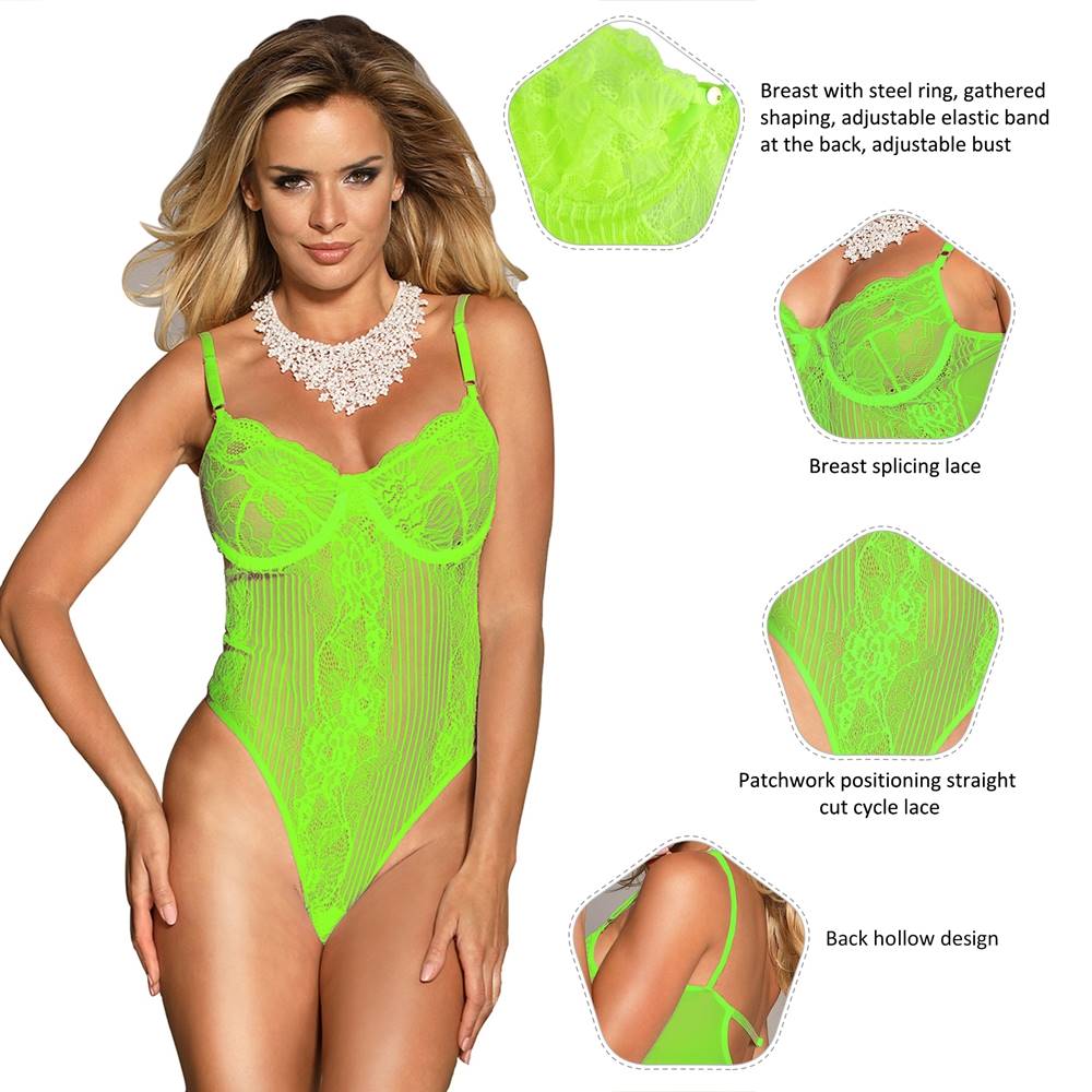 Plus Size Fluorescent Green Glamour Underwire Sheer Lace Teddy