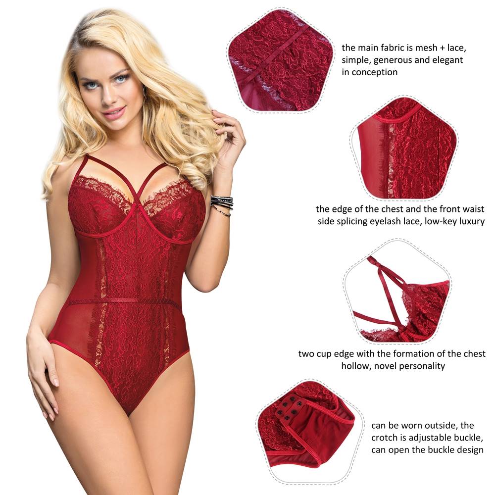 Lace Red Openable Crotch  Plus Size  Bodysuit Without Underwire