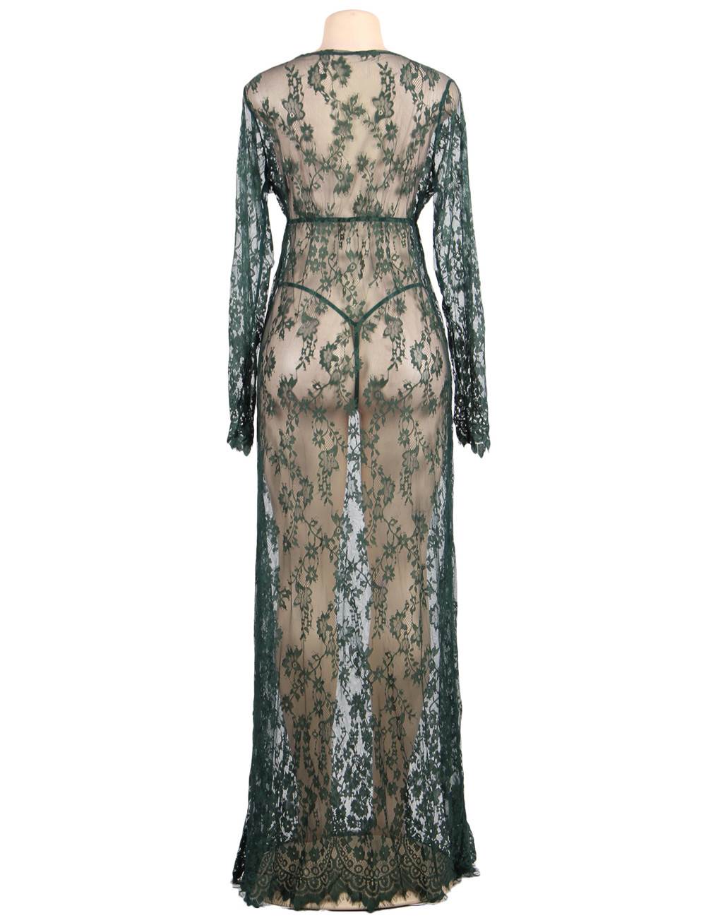Green V Neck Sexy See-through Plus Size Long Nightdress With Thong