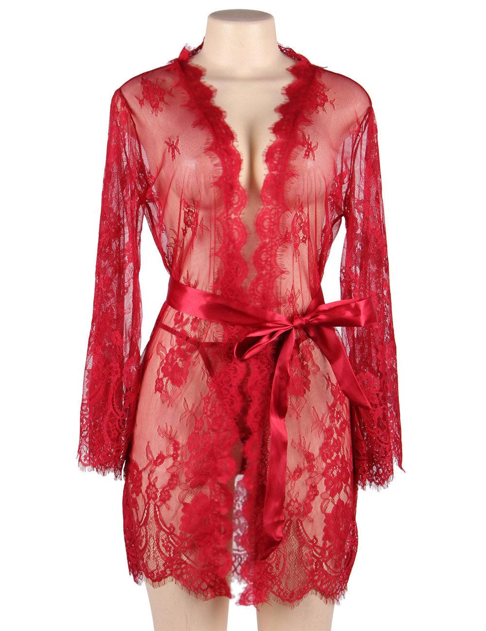 Sexy Long Sleeve Eyelash Lace Short Red Sleepwear With Thong