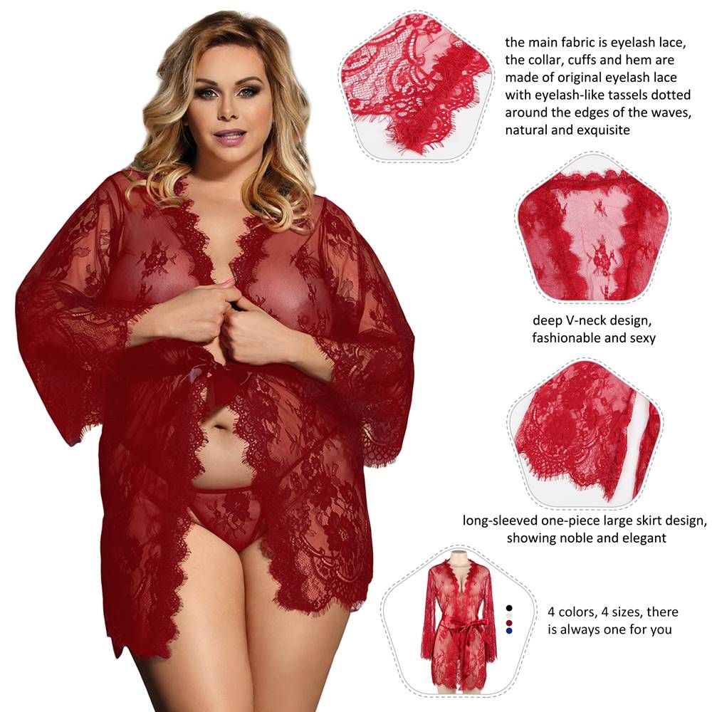 Sexy Plus Size Long Sleeve Eyelash Lace Short Red Sleepwear With Thong
