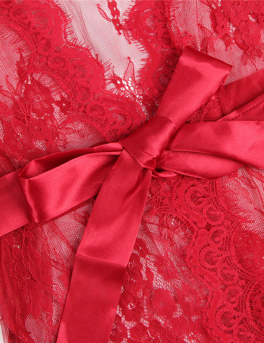 Sexy Plus Size Long Sleeve Eyelash Lace Short Red Sleepwear With Thong