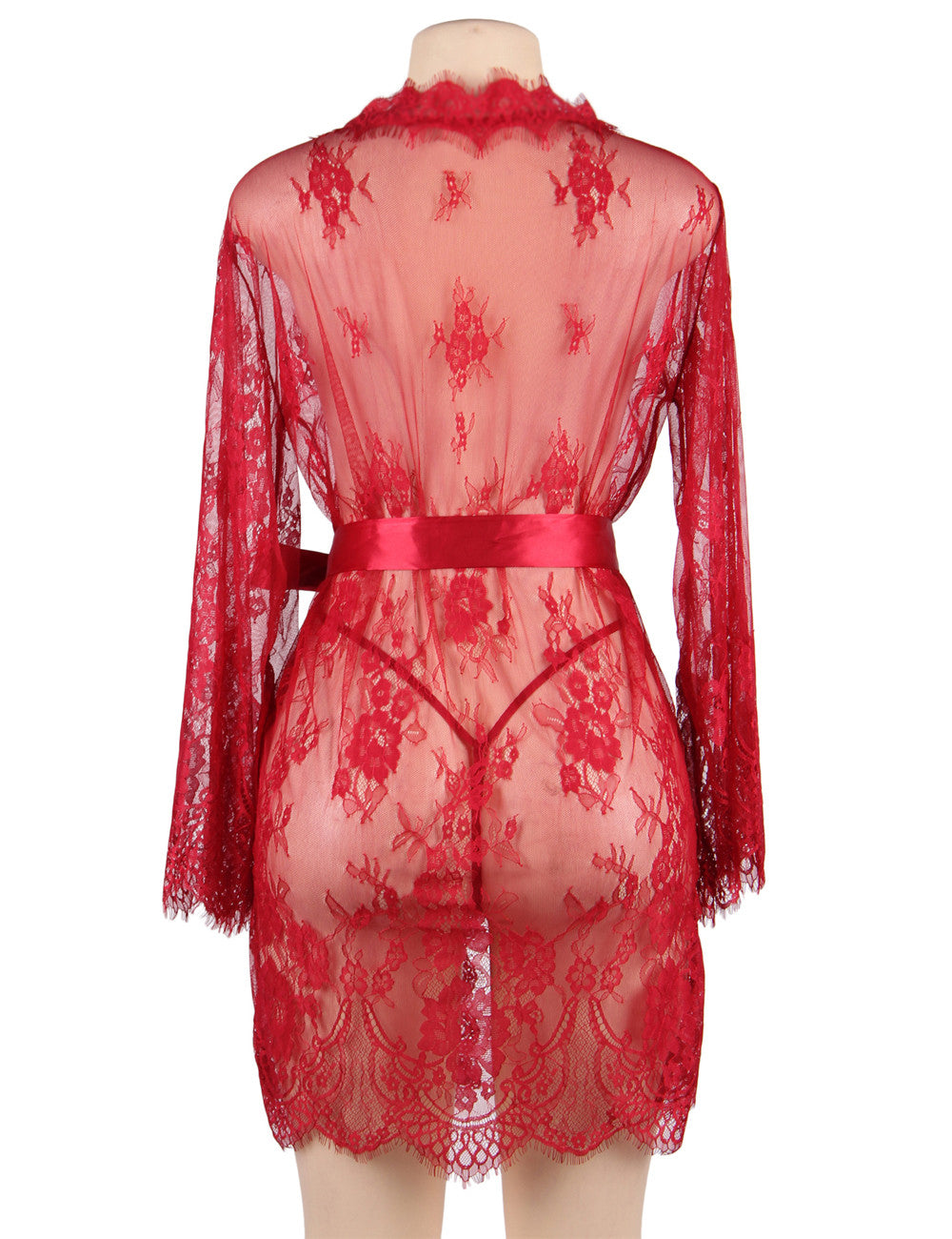 Sexy Plus Size Long Sleeve Eyelash Lace Short Red Sleepwear With Thong
