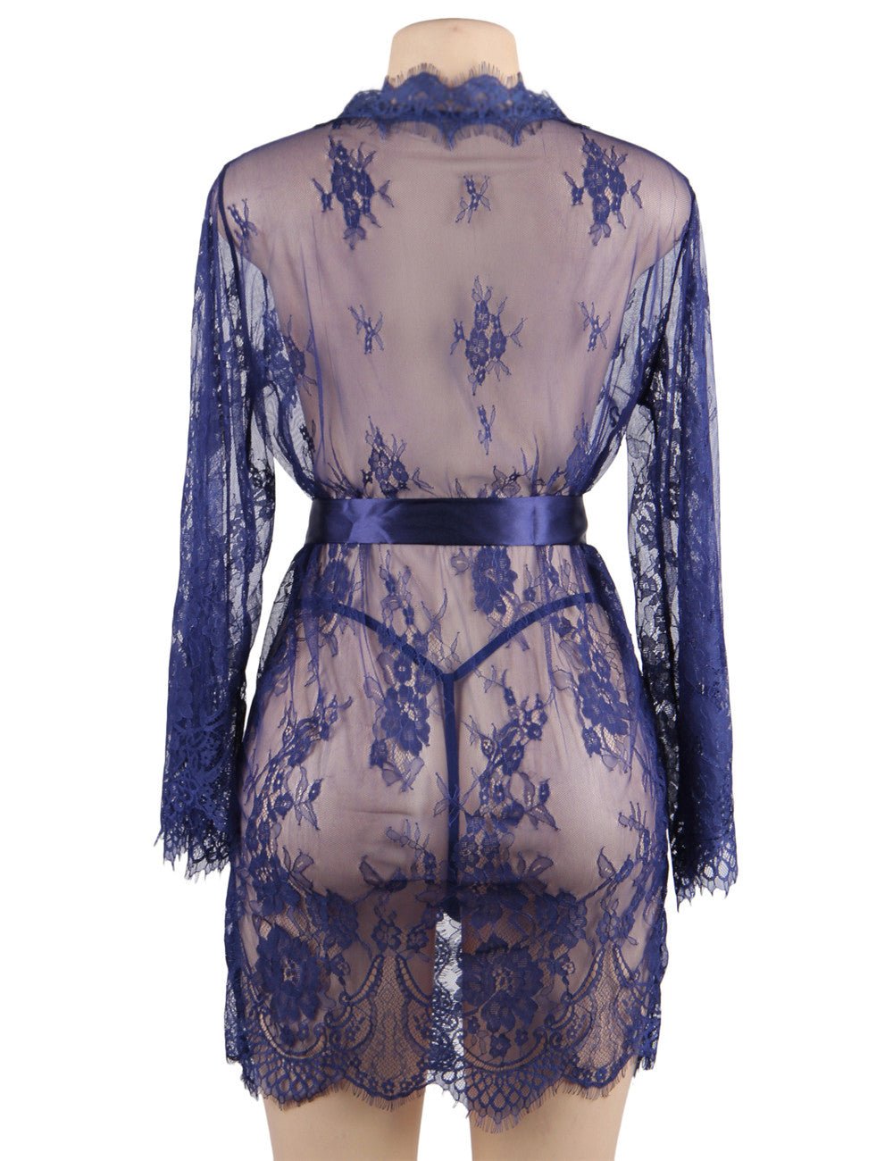 Blue Eyelash Lace Babydoll – Wide Sleeves, Button Placket, Satin Waistband & Thong Set - TeaseFashion