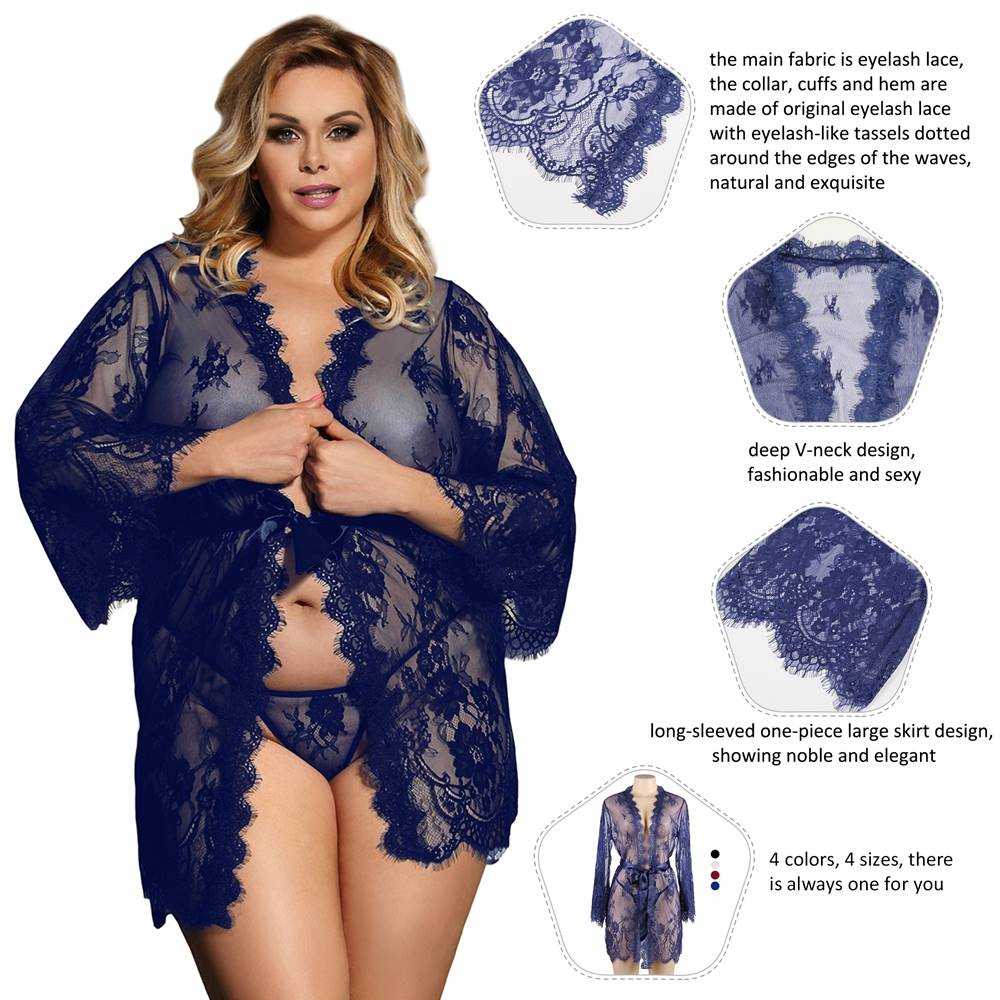 Plus Size Blue Sleepwear With Thong Sexy Long Sleeve Eyelash Lace Short Nightdress