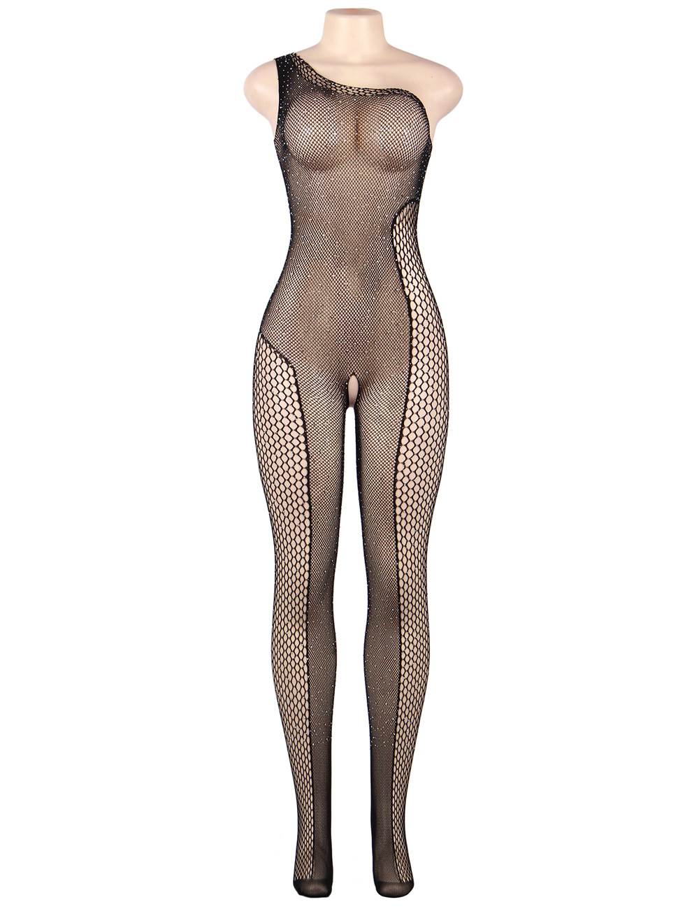Plus Size Black Fishnet Diamonds One-shoulder Bodystocking
