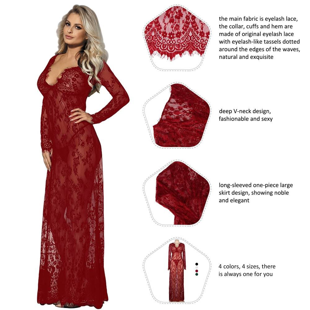 Sexy Red See-through V Neck Long Plus Size Nightdress With Thong