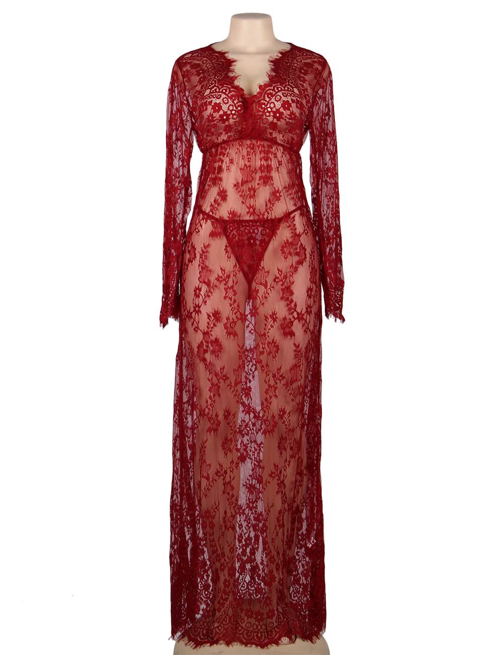 Sexy Red See-through V Neck Long Plus Size Nightdress With Thong