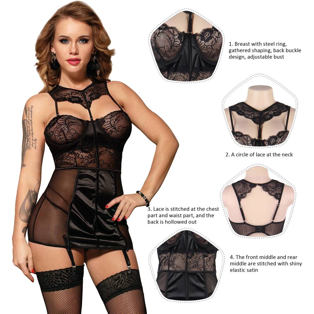 Plus Size Black Deluxe Satin Lace Stitching Babydoll With Steel Ring